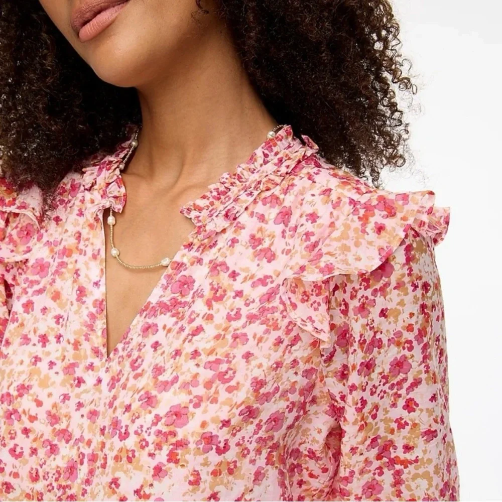 J Crew S Ruffle Collar Top Blouse Pink Ditsy Floral Print Easter Spring Feminine
